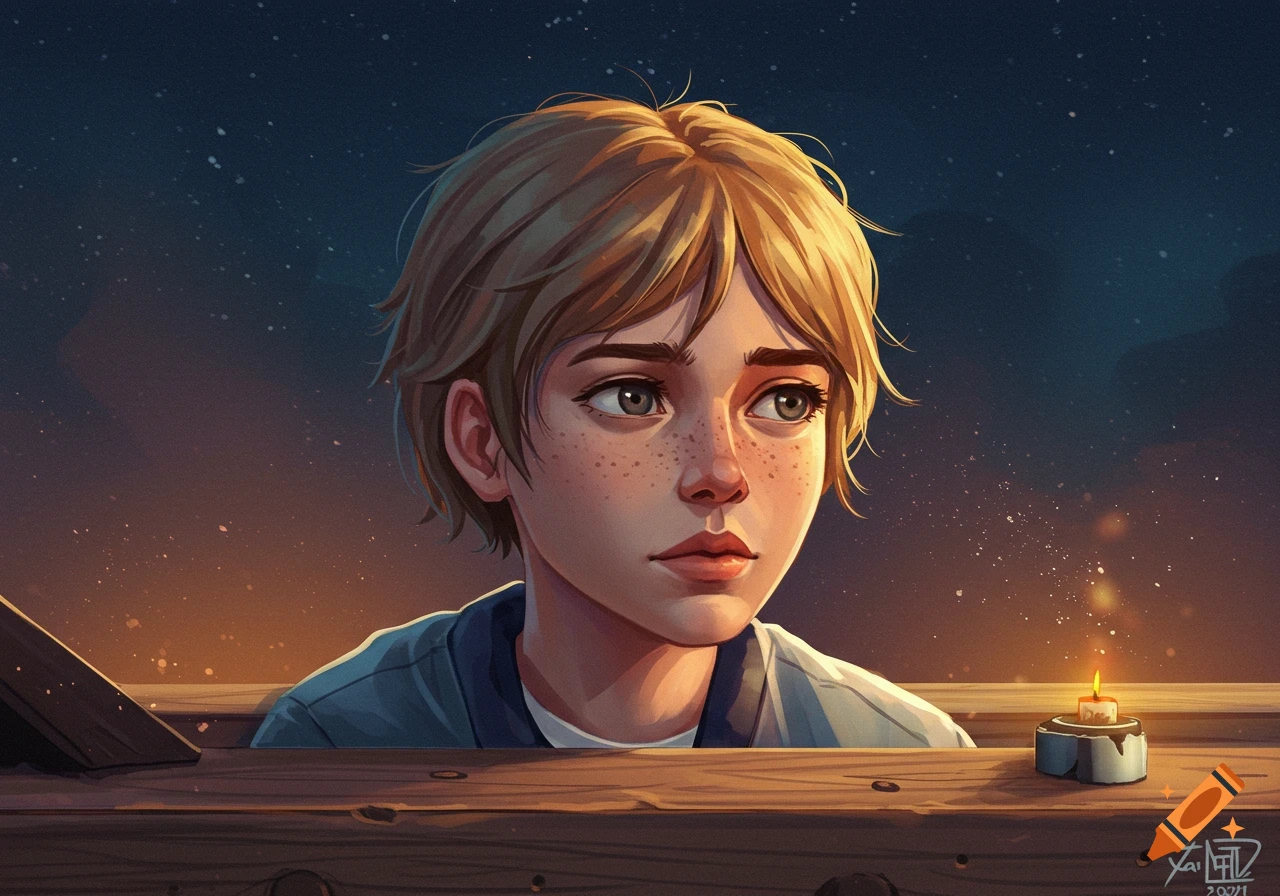 Digital art portrait of a young person with freckles looking away, with a single lit candle on a table.