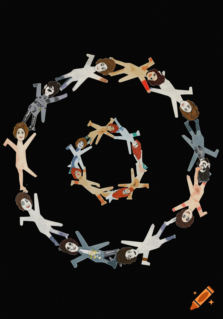 A Spiral Arrangement Of Paper Dolls In Varying Styles Against A Black a-spiral-arrangement-of-paper-dolls-in-varying-styles-against-a-black