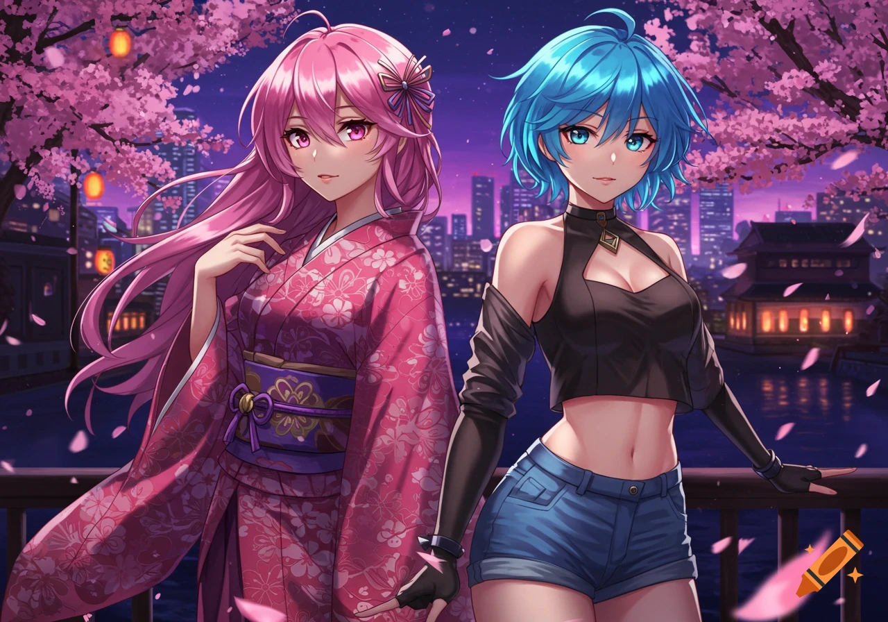 Two anime women, one in a pink kimono, under cherry blossoms at night