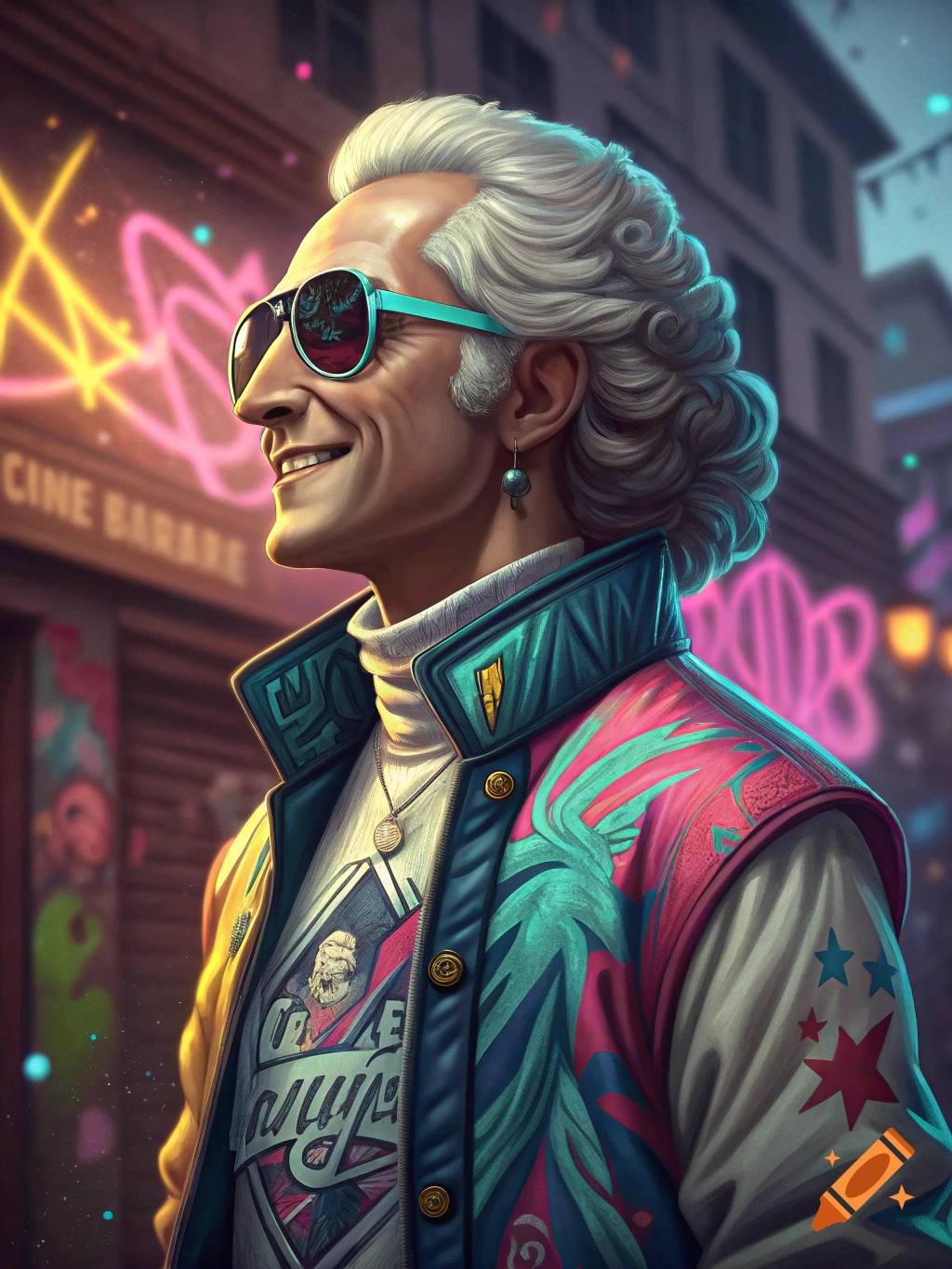Stylized portrait of George Washington in a neon-accented jacket and sunglasses smiling in a city at night.