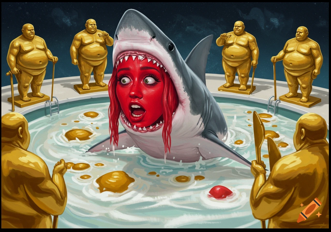 Surreal painting of a shark with a red human face in a pool of milky liquid with golden statues around it.