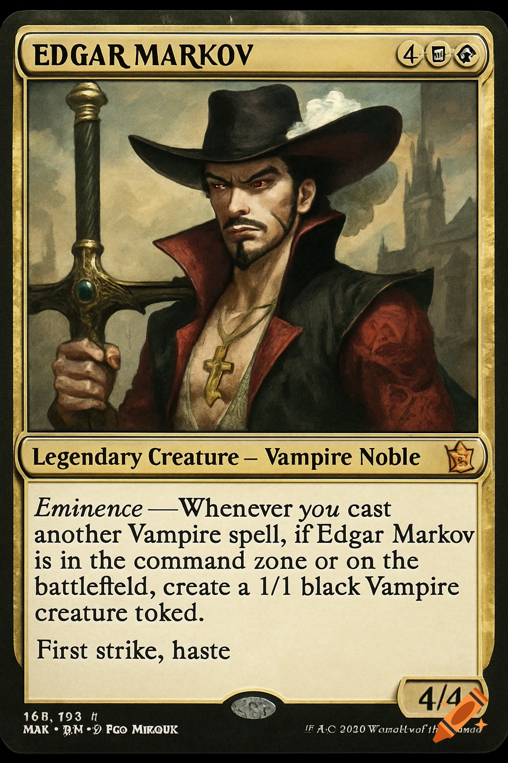 Magic the Gathering card for Edgar Markov featuring a character resembling Mihawk from One Piece, in the style of MTG art.