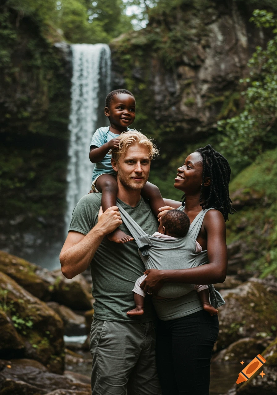Mixed-race family by a waterfall in the mountains.