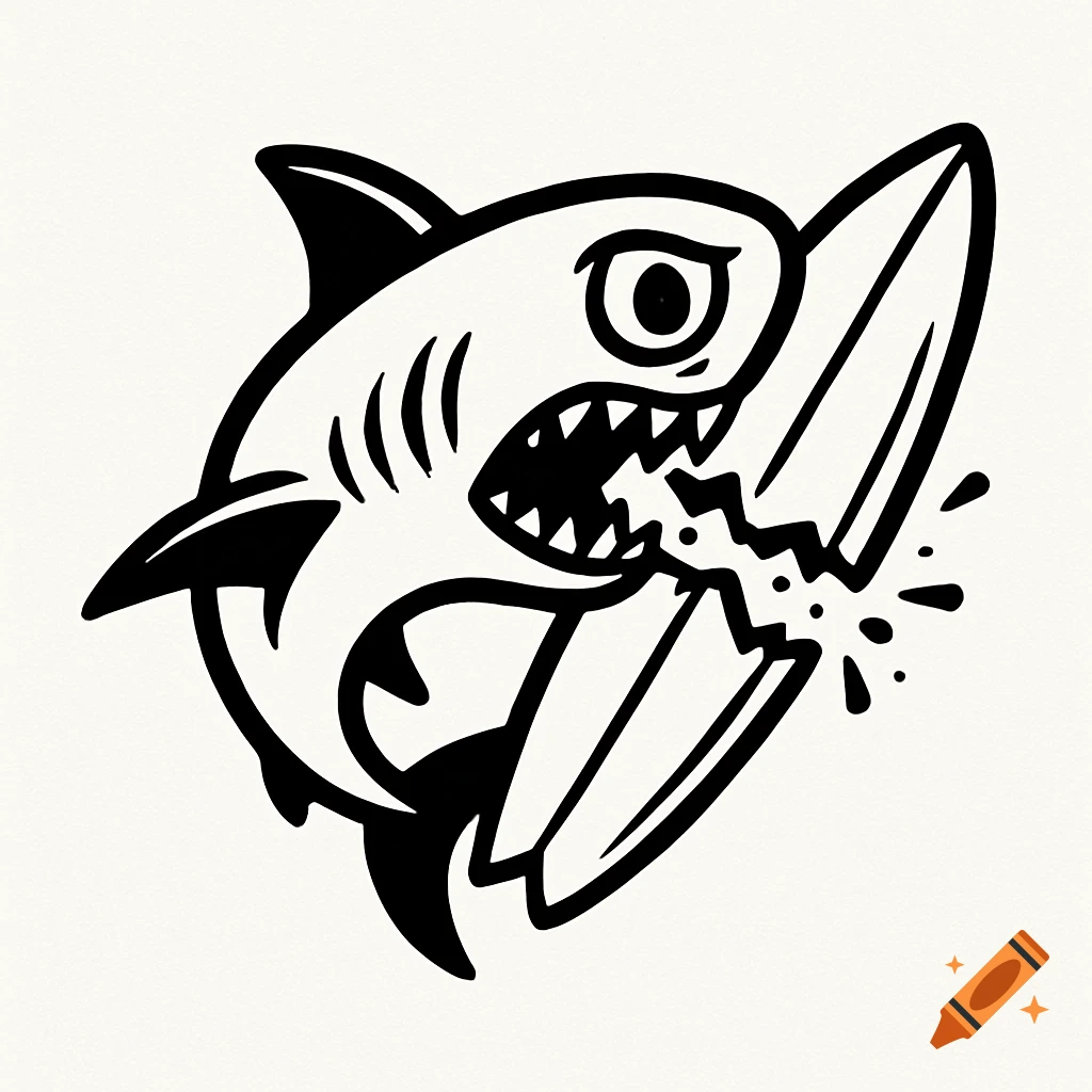 Black and white logo of a one-eyed shark biting a surfboard.