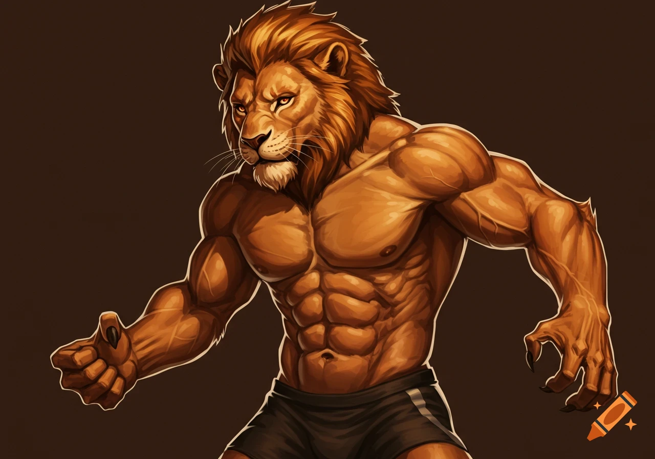 Muscular anthropomorphic lion flexing in black shorts