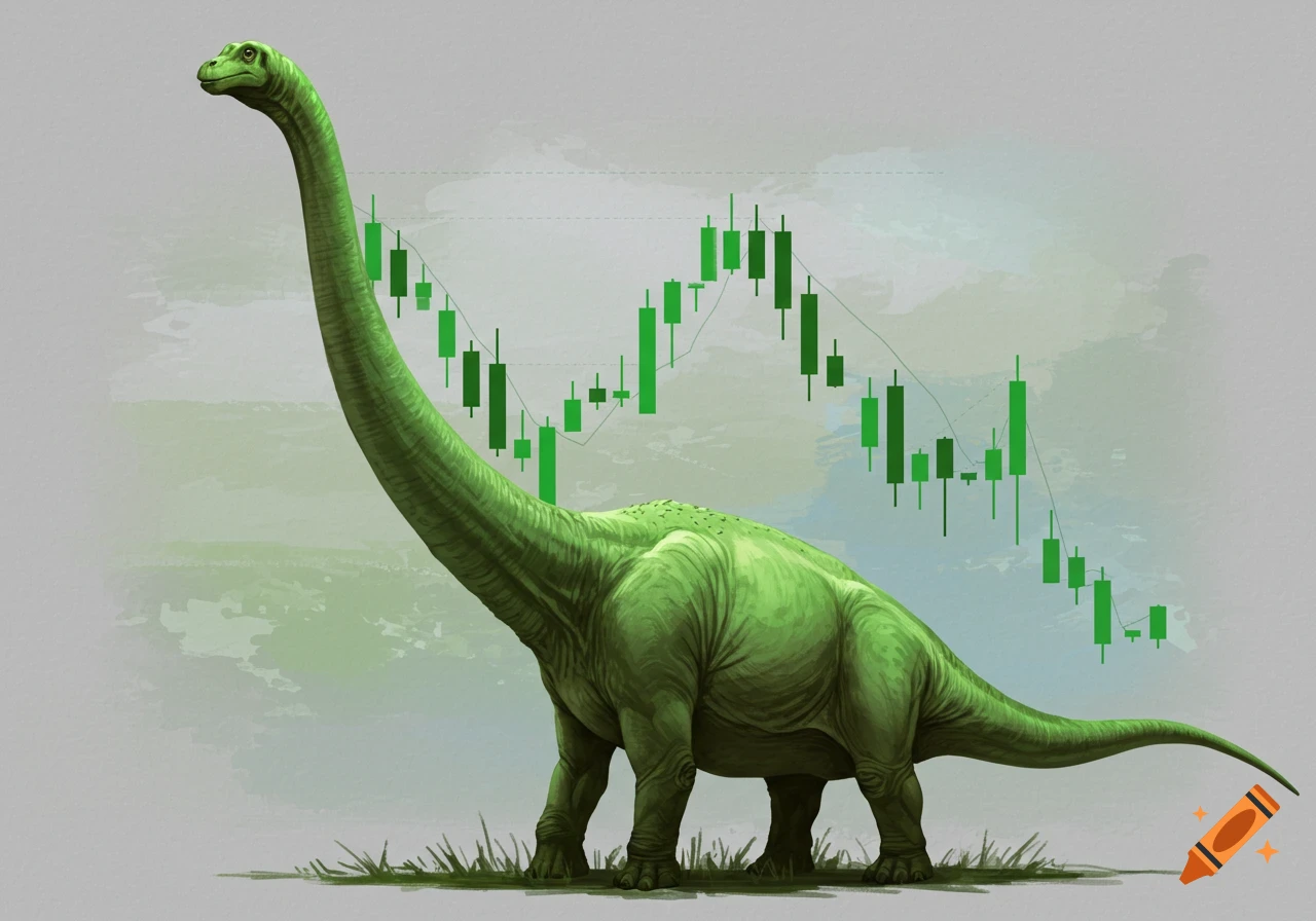 A green dinosaur with its neck shaped like a stock chart candle.