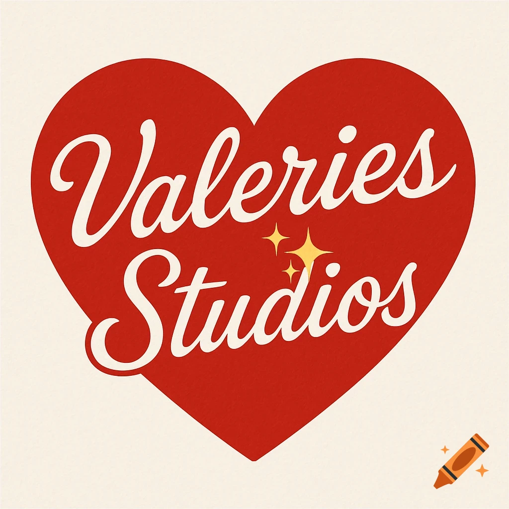 Red heart graphic with the text Valeries Studios and sparkles in cursive.