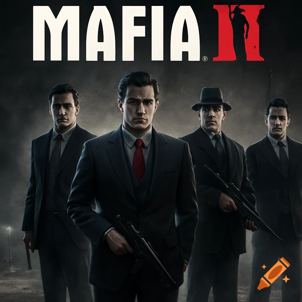 Four men in suits with guns under the title MAFIA II, in a dark, atmospheric style.