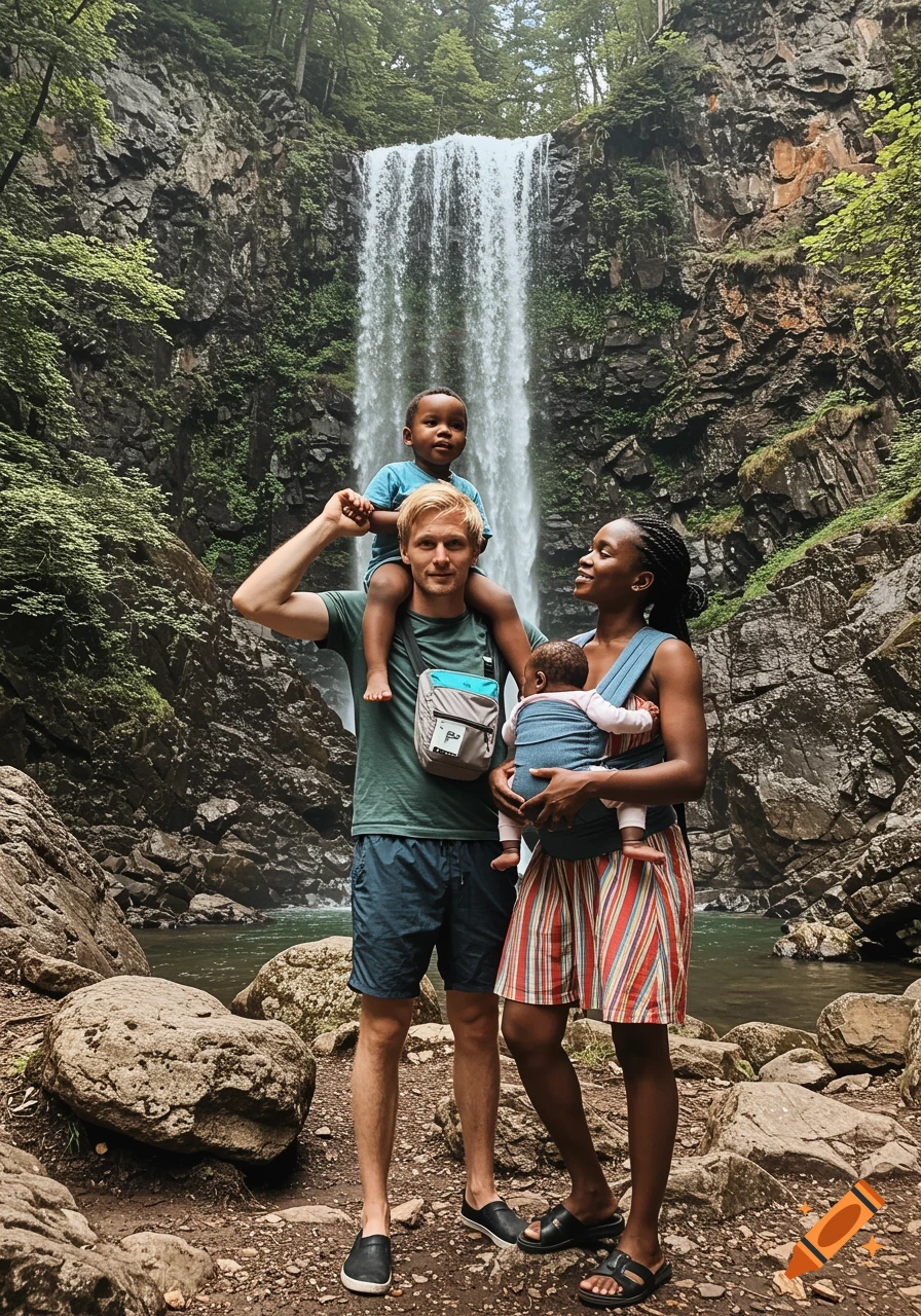 Family with two young children at a waterfall in the mountains.