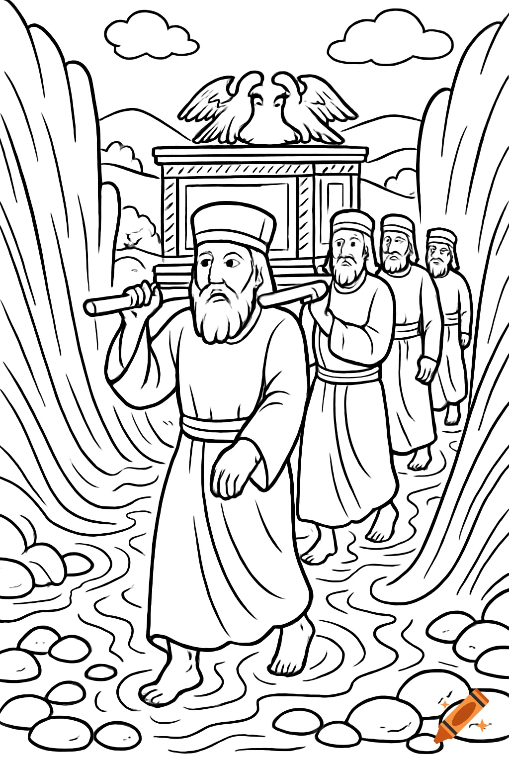 Line drawing coloring page of priests carrying an ark across a river between rock walls.