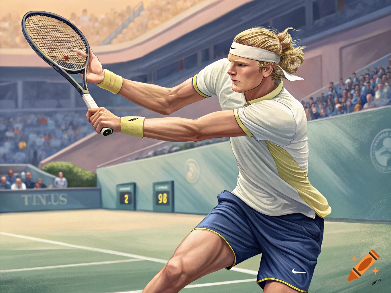 A male tennis player hits a forehand shot on a court in a stadium.