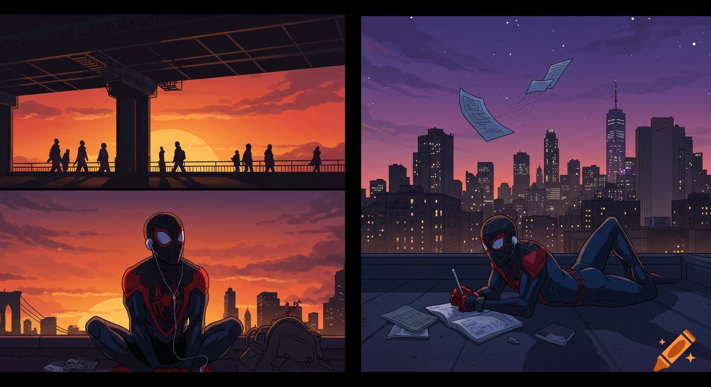 Comic art of Miles Morales in two panels: sitting under a bridge at sunset, and on a rooftop with homework at twilight.
