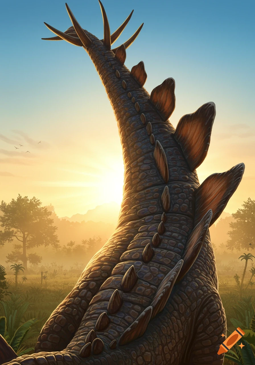 Close-up view of a dinosaur's back and tail against a sunrise sky and prehistoric landscape.