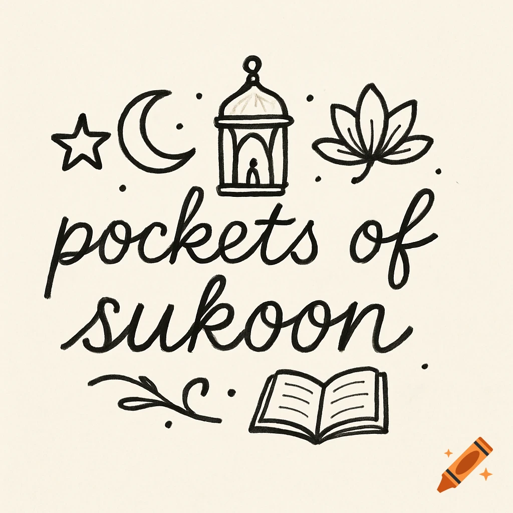 Line art logo on cream background with text 'pockets of sukoon' and Islamic symbols: moon, star, lantern, lotus, book.