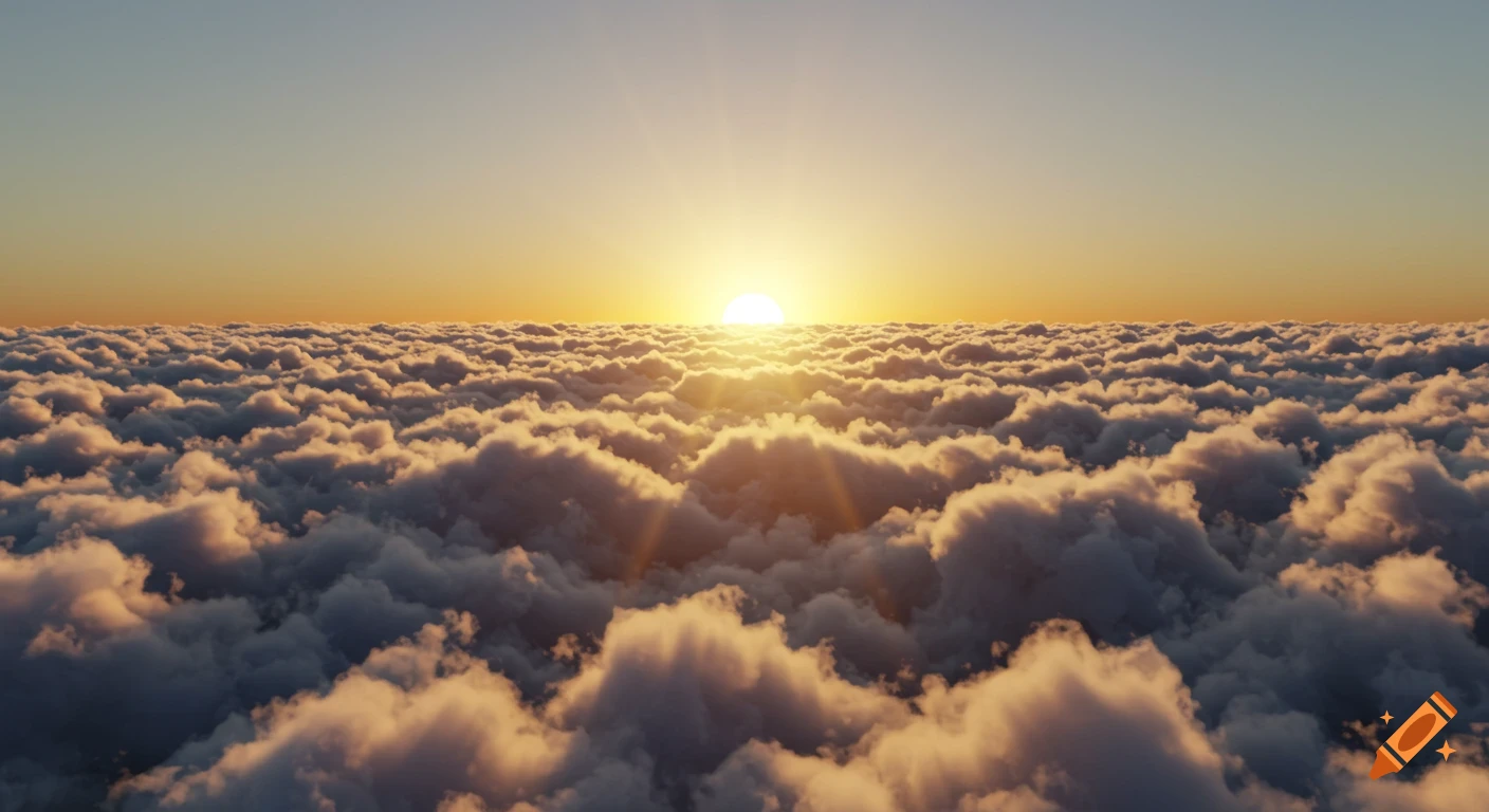 Sun rising over a vast sea of hyper realistic clouds.