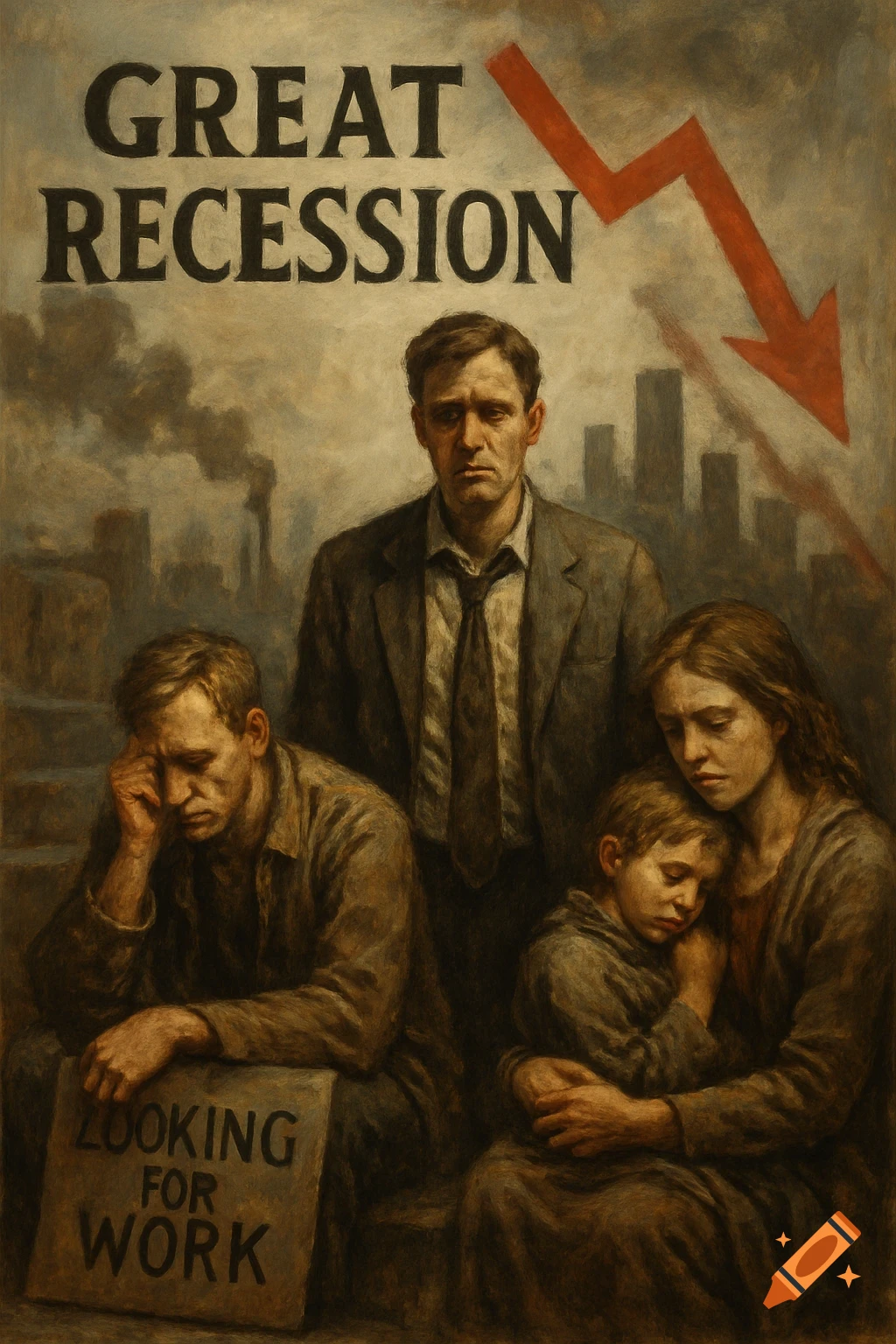 Painting of a family looking distressed, with text 'GREAT RECESSION' and a sign reading 'LOOKING FOR WORK'.