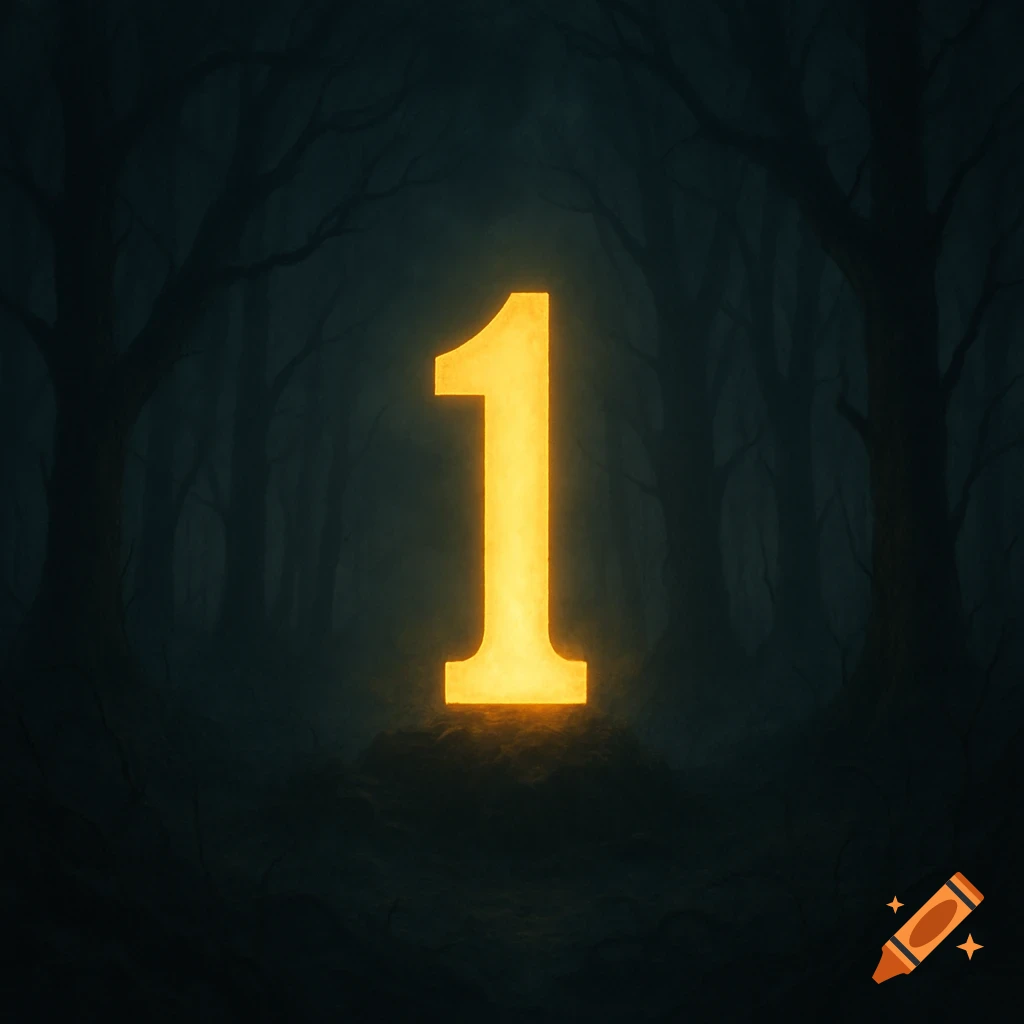 A glowing number one stands in a dark forest.