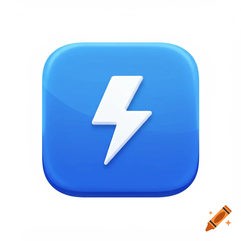 A glossy blue square app icon features a white lightning bolt.