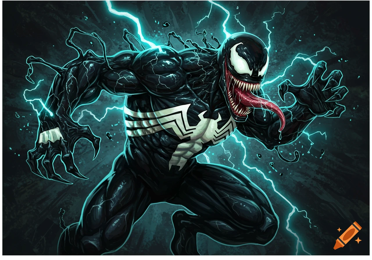 Venom comic art illustration with glowing blue lightning