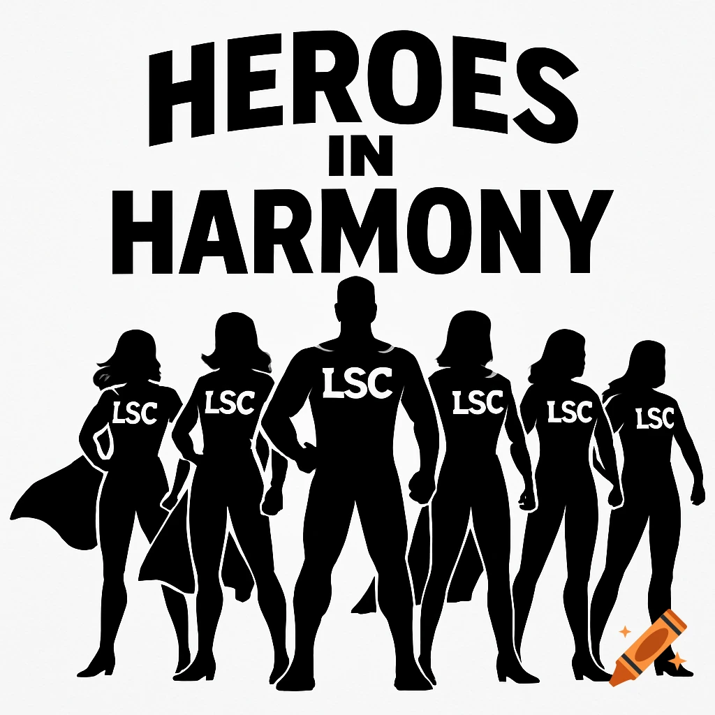 Black silhouettes of six superheroes, one male in the middle, five female, on white background with 'HEROES IN HARMONY' text.