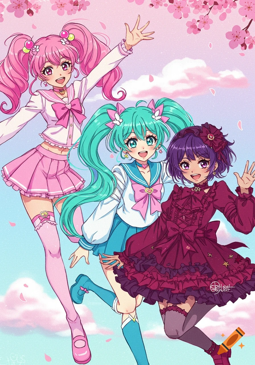 Three anime girls smiling and waving under cherry blossom trees in a spring setting.