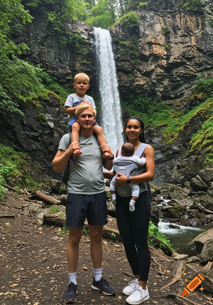 Family poses near a waterfall, man with child on shoulders, woman with baby in carrier.