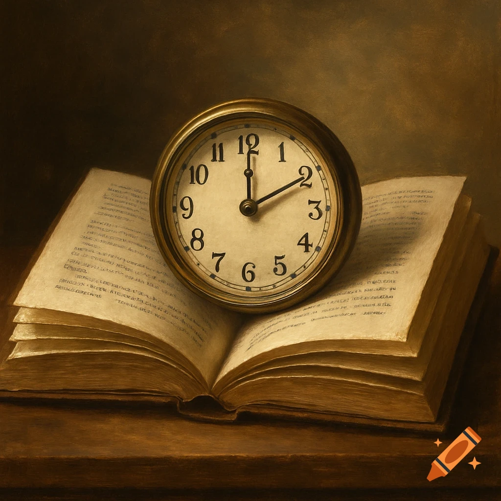 A vintage clock sits on an open book, rendered in a painterly style.