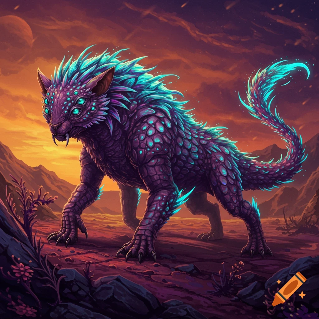 A purple and blue scaled alien creature with multiple glowing eyes walks across a rocky, alien landscape under an orange sky.