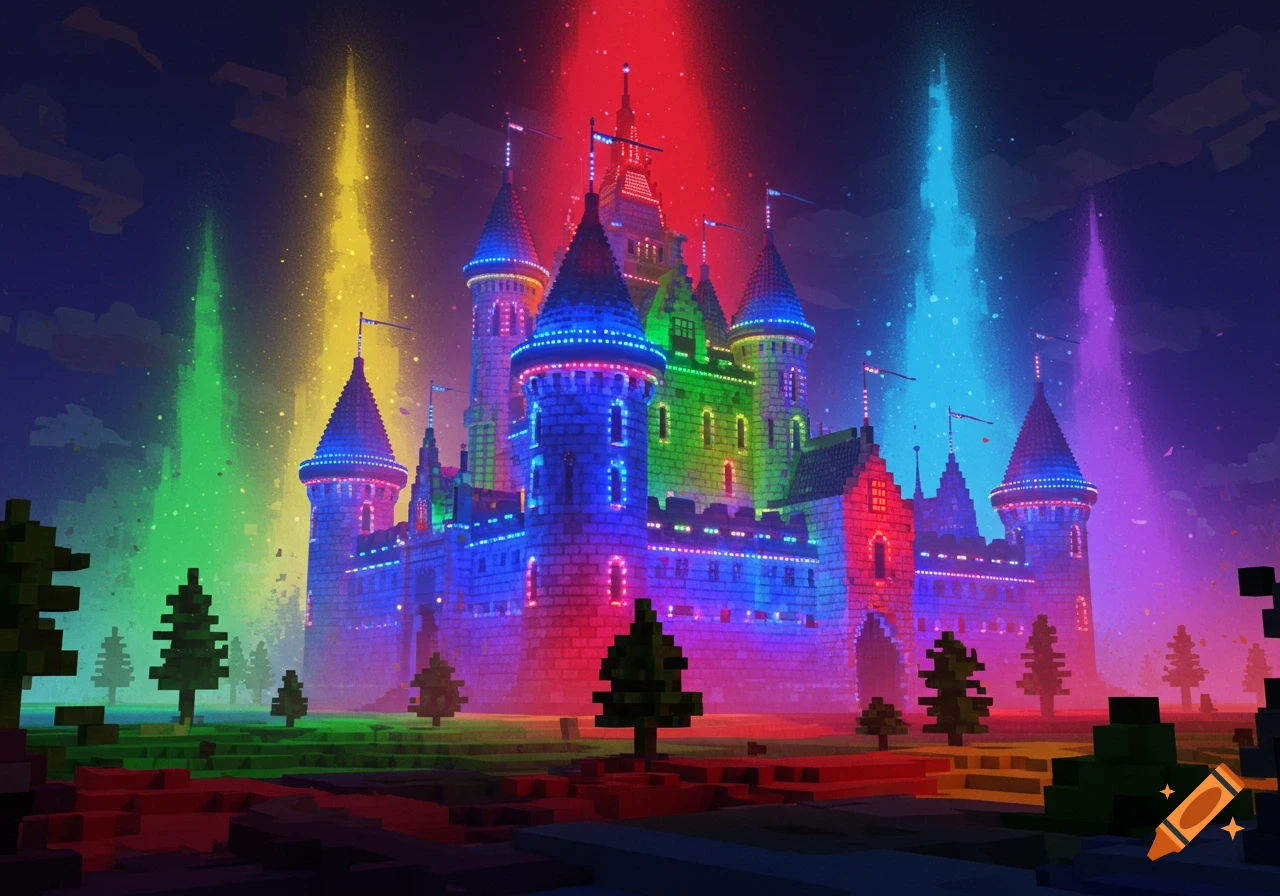 Voxel art castle illuminated by giant colorful light beams.