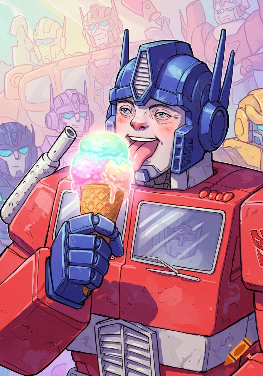 Illustration of Optimus Prime with distinctive facial features eating a colorful ice cream cone.