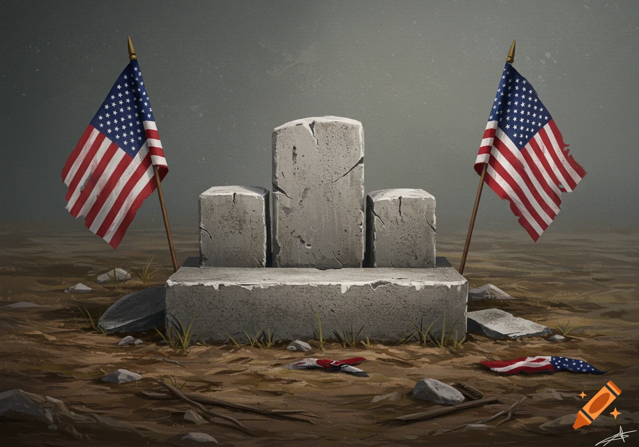 A somber illustration of a stone memorial with two tattered American flags on either side, set in a barren landscape.