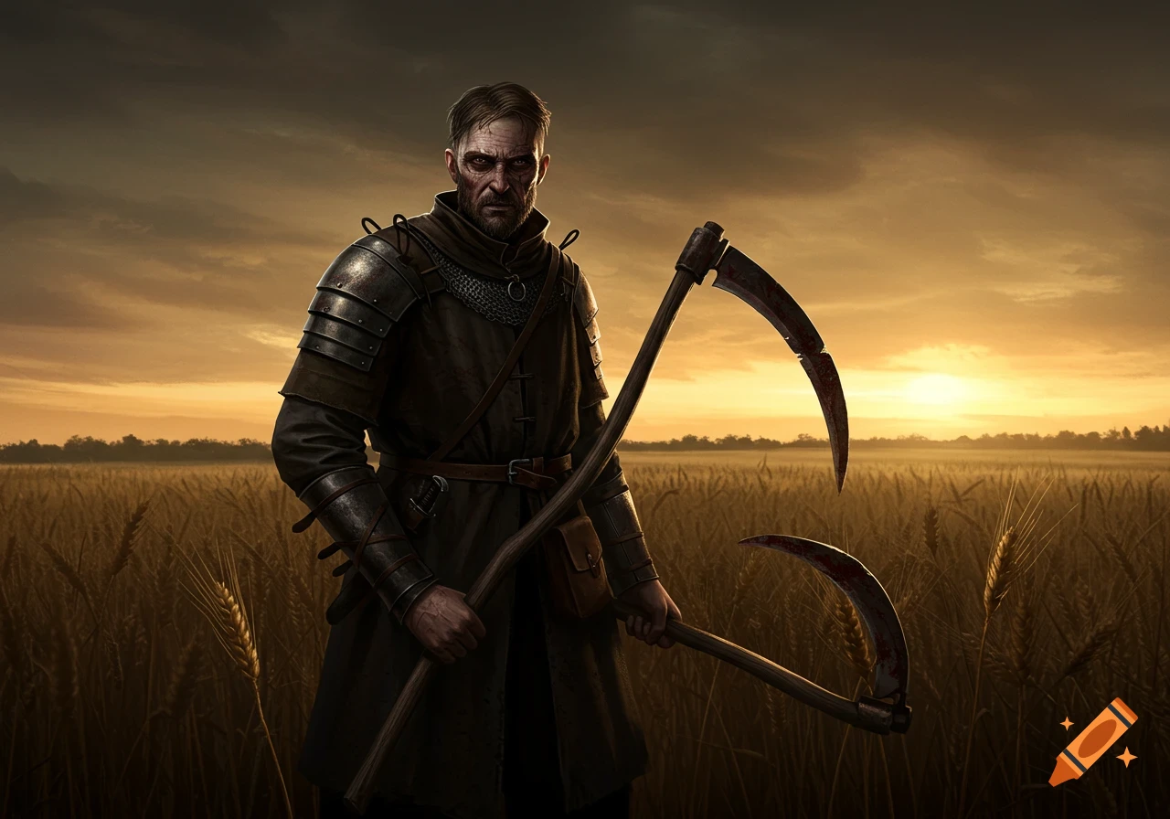 Man in armor holds two bloodied scythes in a wheat field at sunset on ...