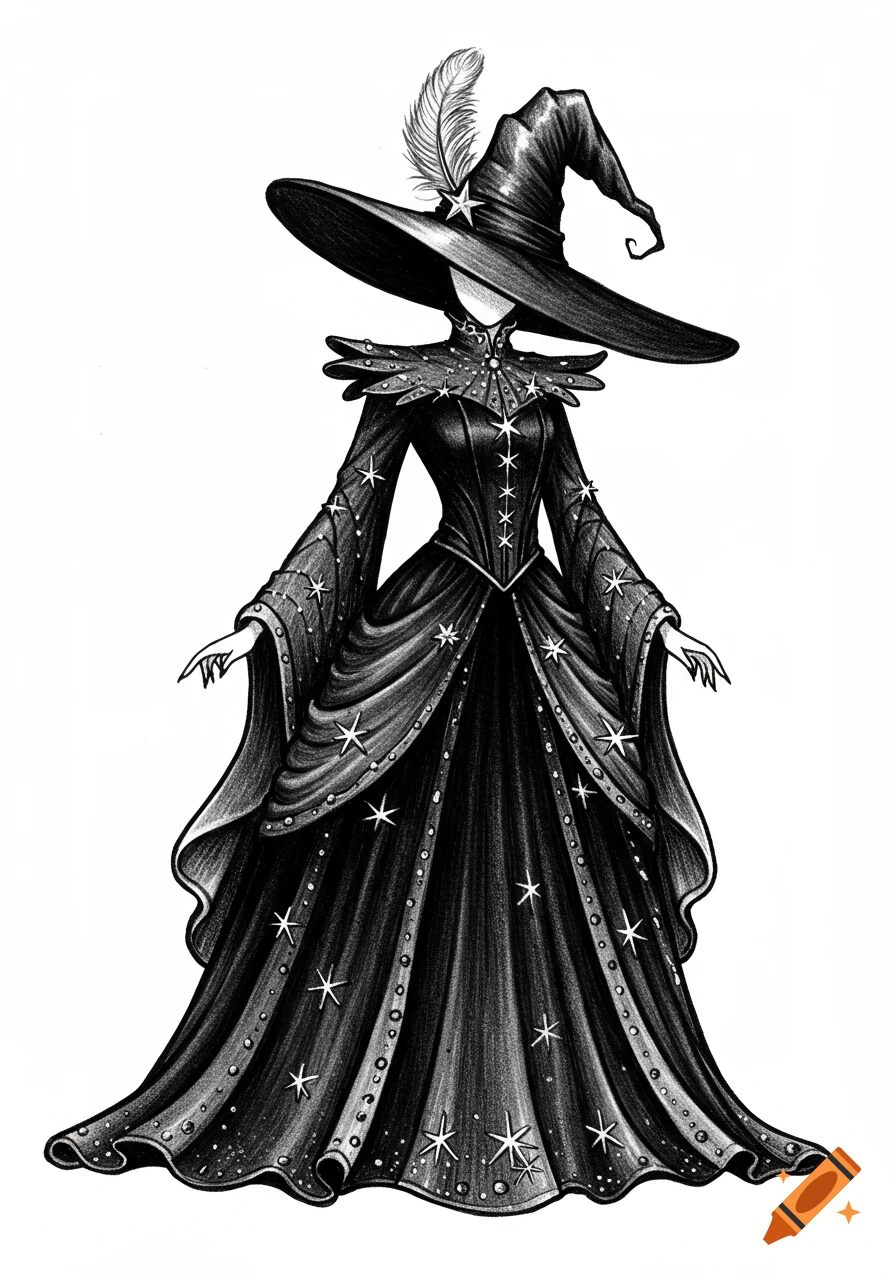 Black and white illustration of a fairytale witch costume with stars.