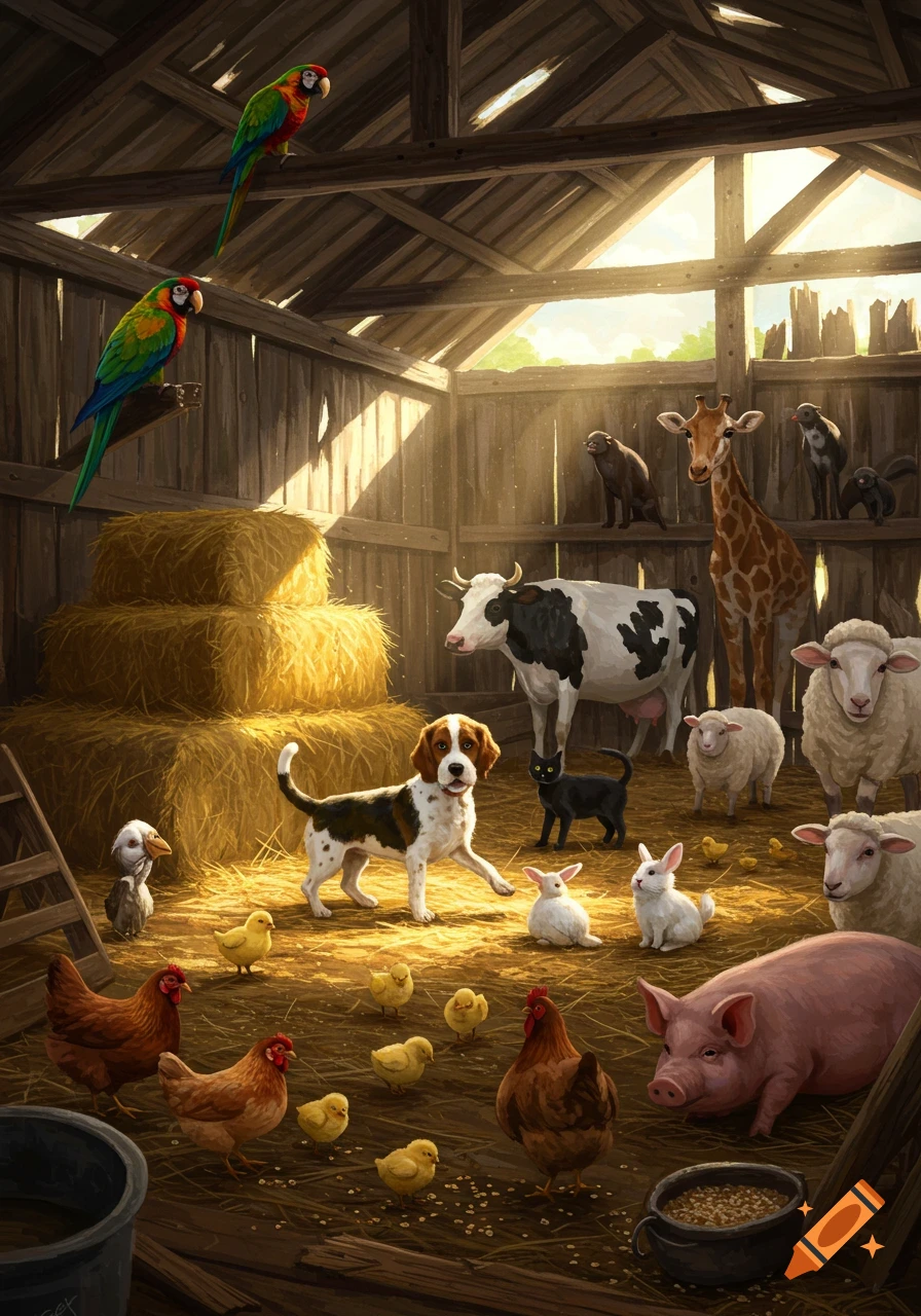 A wide variety of animals including a cow, dog, sheep, pig, chickens, chicks, rabbits, cat, giraffe, monkeys, macaws, and a duck gathered inside a sunlit wooden barn with hay bales.