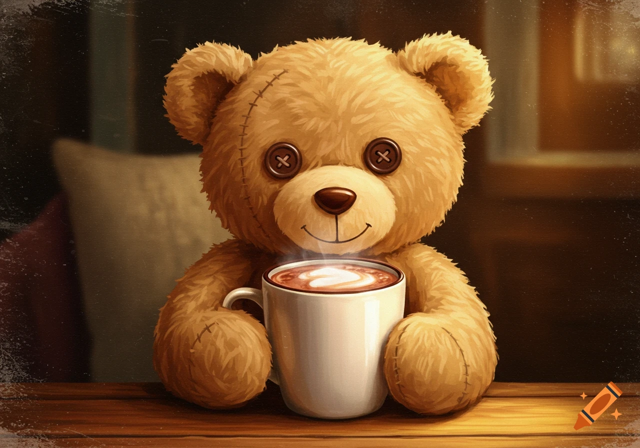 A cute teddy bear holds a steaming white mug.