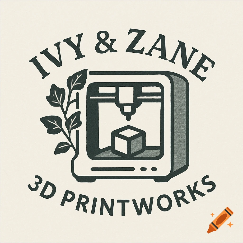 Logo for Ivy & Zane 3D Printworks with 3D printer graphic.