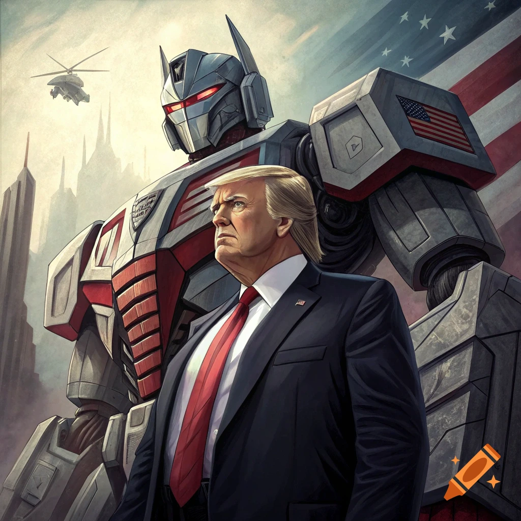Digital illustration of Donald Trump standing in front of a large robot resembling Optimus Prime, with a city and US flag behind them.