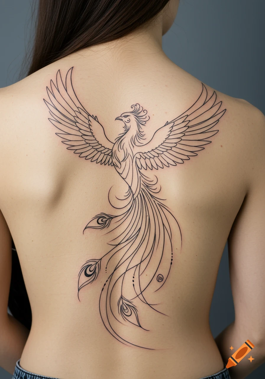 Black line art tattoo of a phoenix spread across a person's back