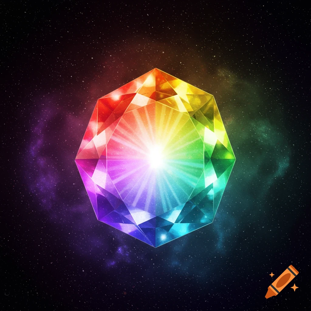 A vibrant rainbow-colored gemstone with a glowing center floats in a starry space background.