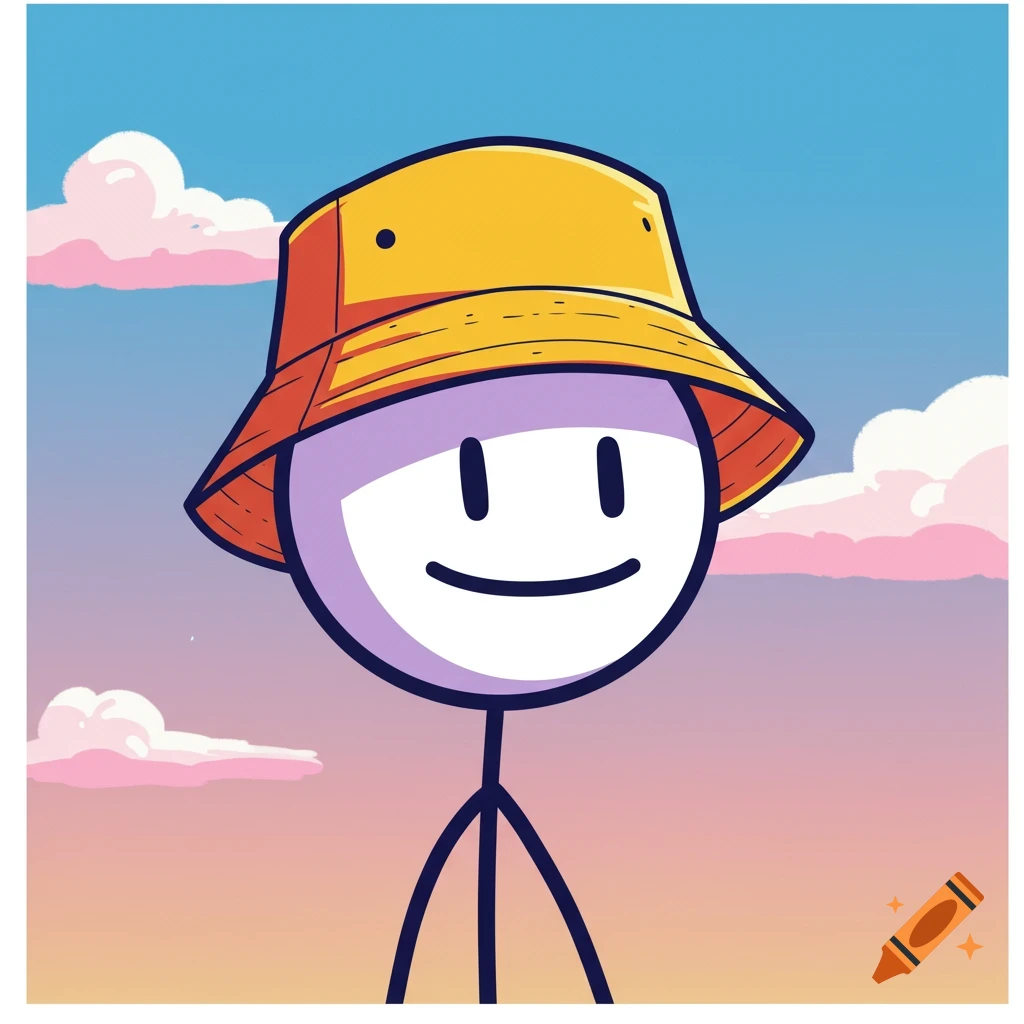 A smiling stick figure wears a yellow bucket hat against a sky background.
