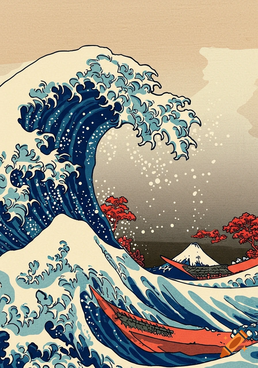 A large wave crests over boats with a mountain and trees in the background, in a stylized Japanese art style.