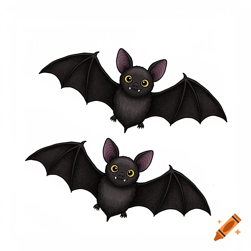 Two cute cartoon black bats with yellow eyes and fangs, flying. Illustration clipart style.