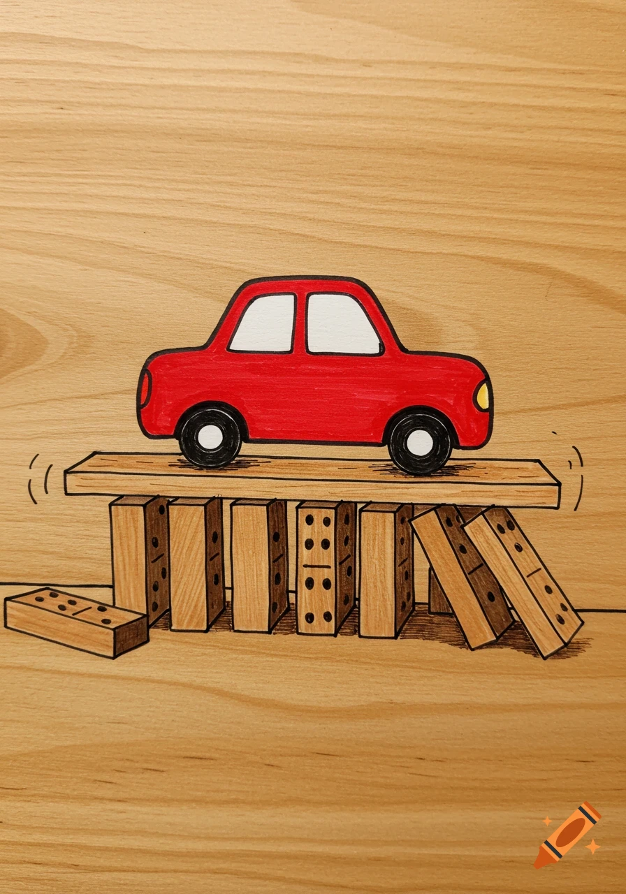 A doodle of a red toy car on a wooden board supported by dominos.