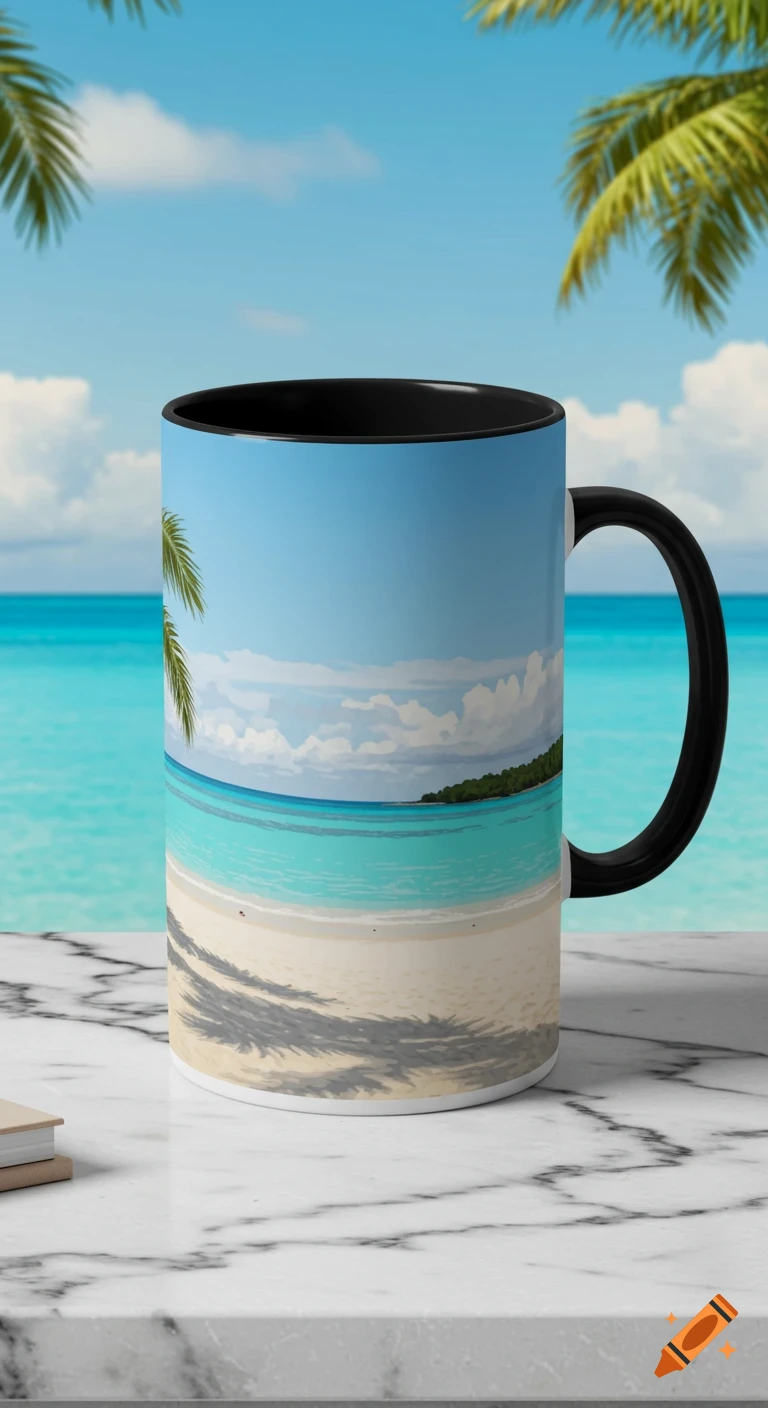 A white coffee mug with a black handle and interior, featuring a wrap-around design of a turquoise beach scene with palm trees, rests on a marble table.