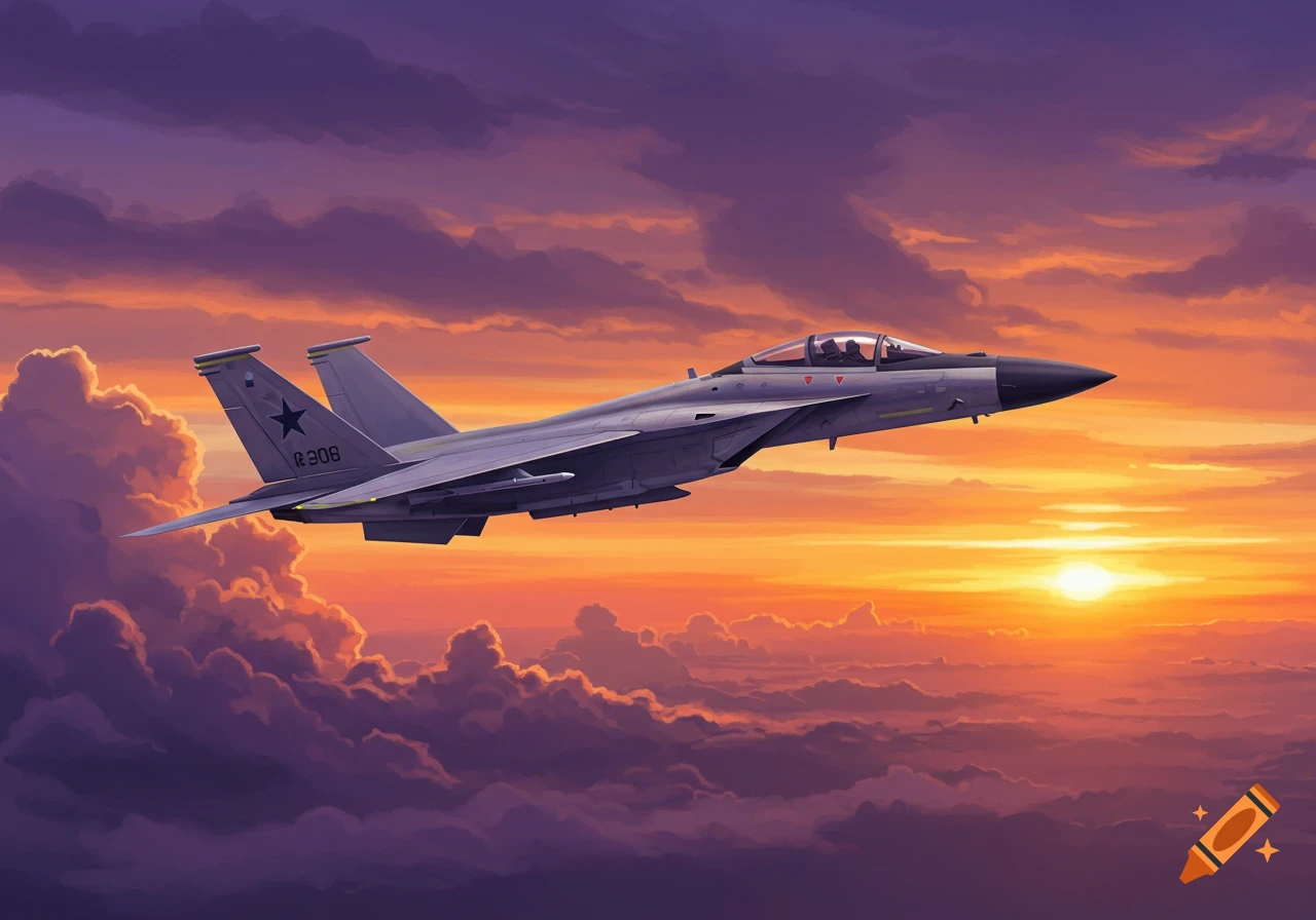 Military jet flying through cloudy sky at sunset.