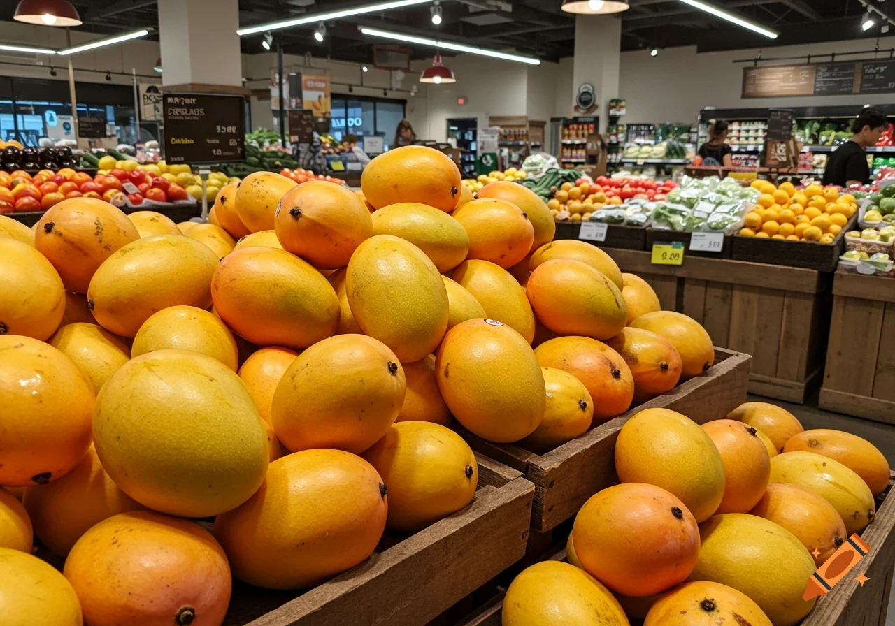 Piles of ripe mangoes in wooden crates in a grocery store produce section.