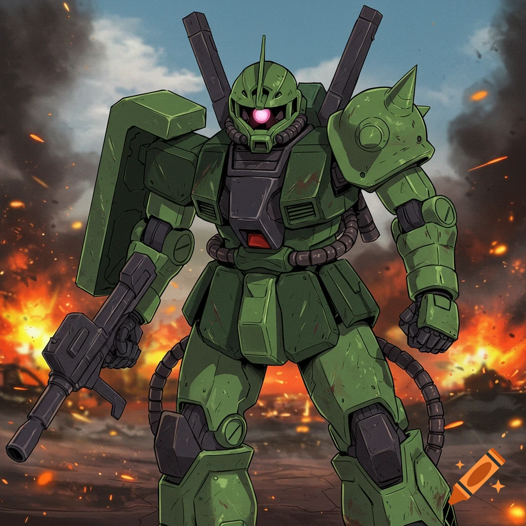 Green anime robot (Zaku II) with rifle standing in a battlefield explosion, illustration style.
