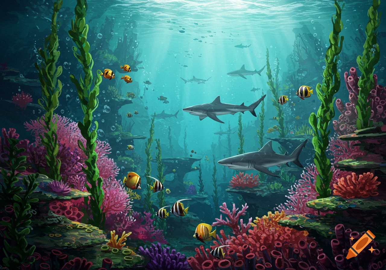 An underwater scene with coral, seaweed, fish, and sharks swimming through sunlit water.