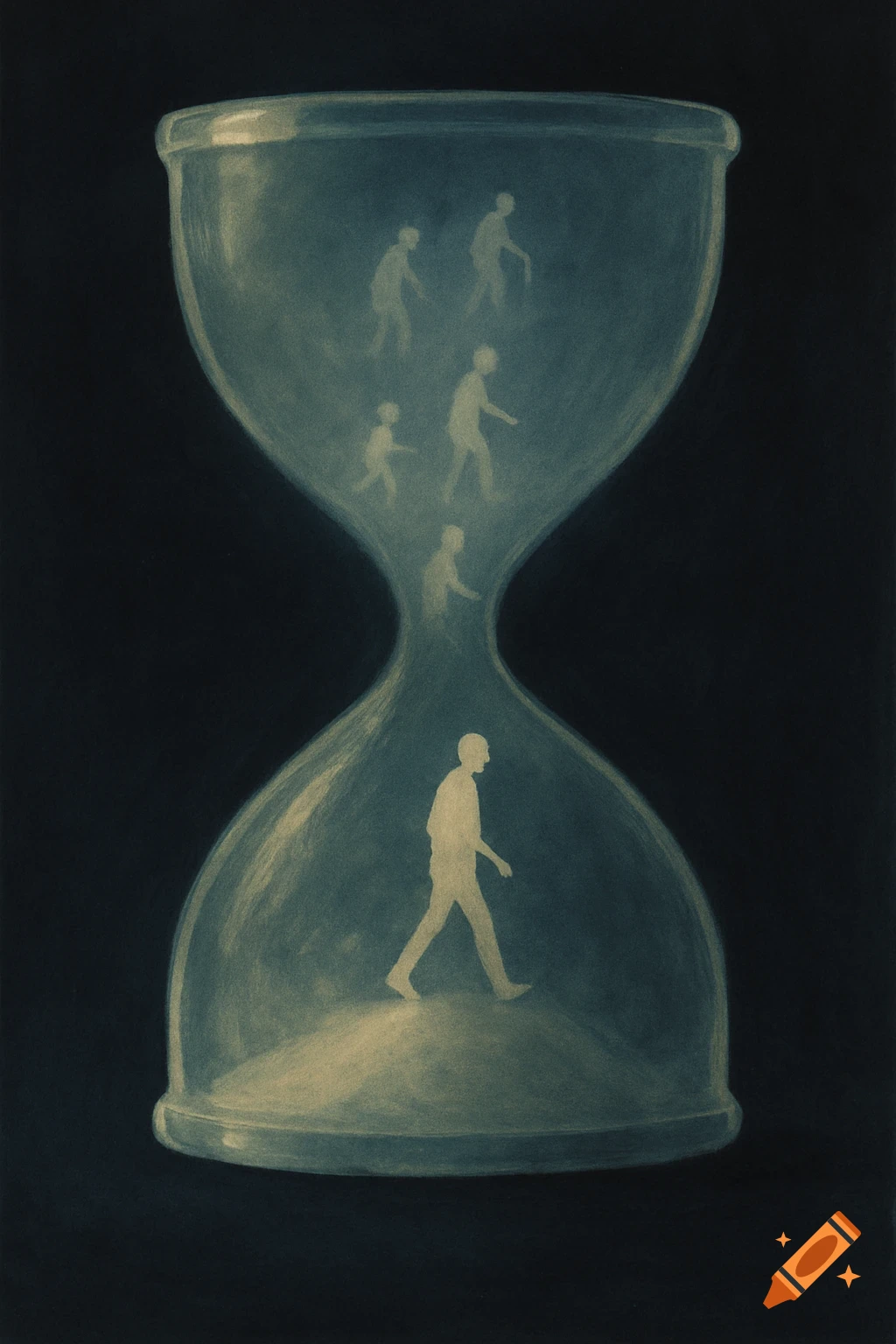 Illustration of an hourglass with silhouetted figures representing stages of aging walking inside.