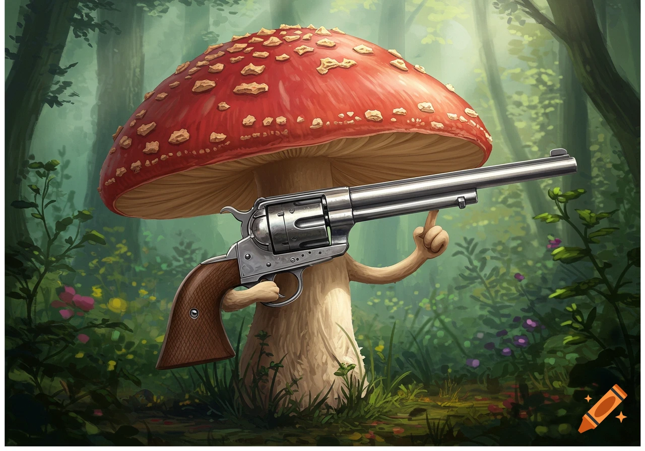 A fantasy illustration of a mushroom holding a large revolver in a forest.